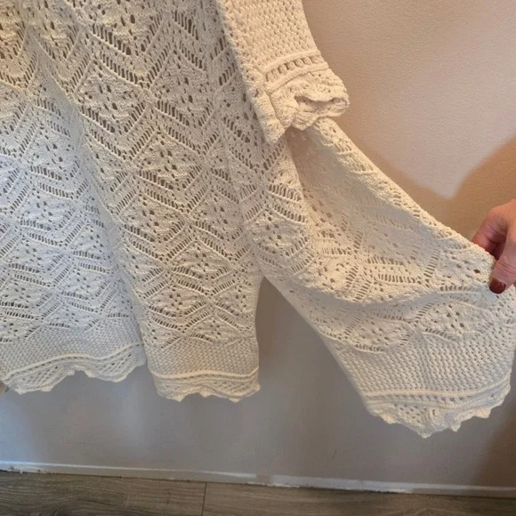 Freshman 1996 Ivory Crochet Knit Duster Cardigan Boho Longline Sweater - Size L - Picture 7 of 8
